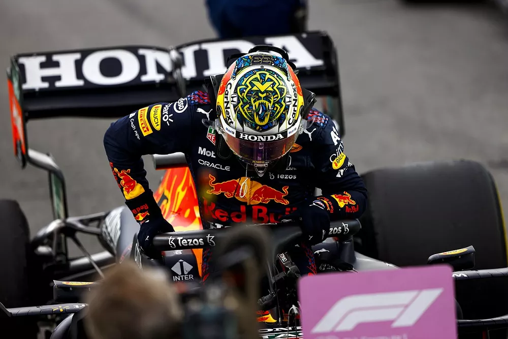 Max Verstappen, Red Bull Racing, 2nd position, arrives in Parc Ferme after the Sprint