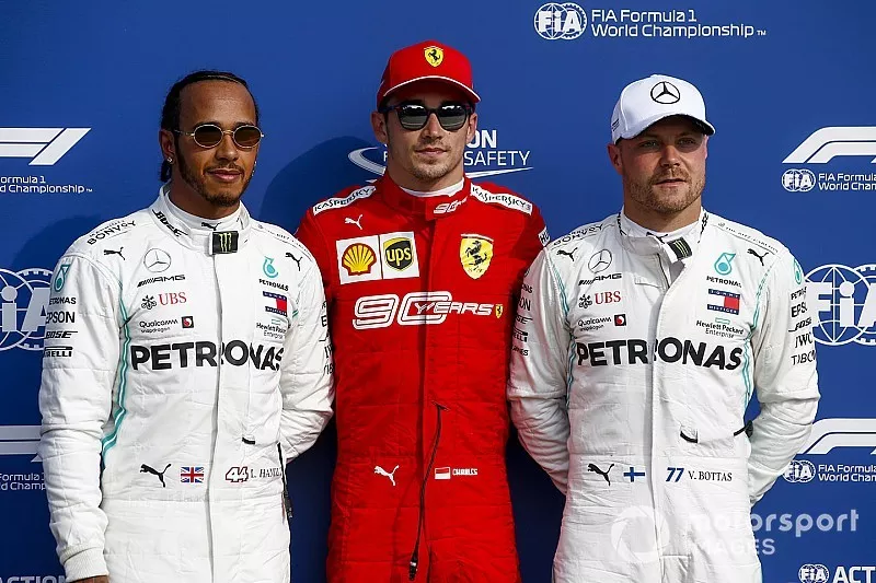 Polesitter Charles Leclerc, Ferrari SF90, second place Lewis Hamilton, Mercedes AMG F1, third place Valtteri Bottas, Mercedes AMG F1