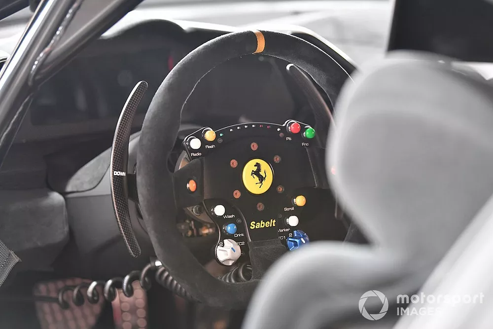 The cockpit of a Ferrari Challenge racer