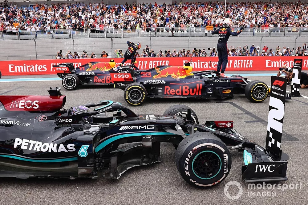 Sergio Perez, Red Bull Racing, 3rd position, Max Verstappen, Red Bull Racing, 1st position, and Sir Lewis Hamilton, Mercedes, 2nd position, arrive in Parc Ferme