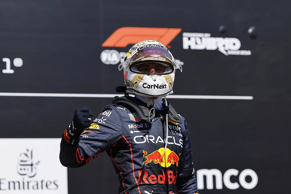 Max Verstappen, Red Bull Racing, 1st position, celebrates on arrival in Parc Ferme