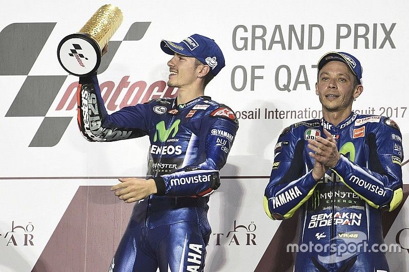 Podium: race winner Maverick Viñales, Yamaha Factory Racing, third place Valentino Rossi, Yamaha Fac