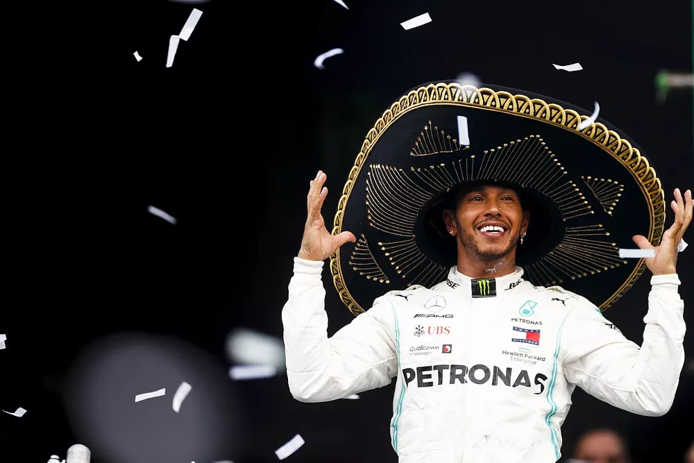Race winner Lewis Hamilton, Mercedes AMG F1 celebrates on the podium