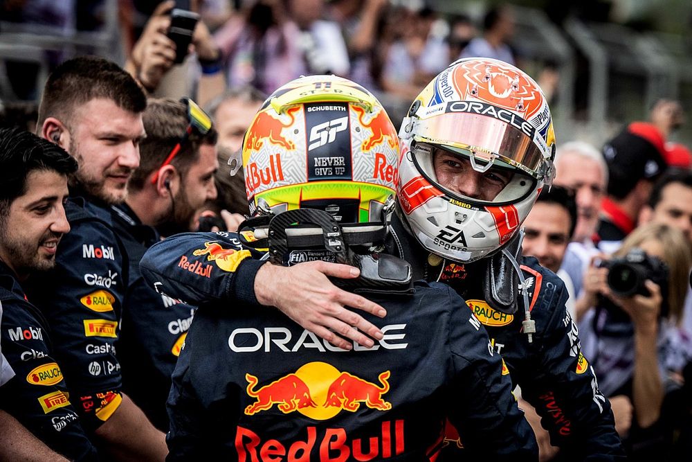 Sergio Perez, Red Bull Racing, 1st position, Max Verstappen, Red Bull Racing, 2nd position, congratulate each other in Parc Ferme
