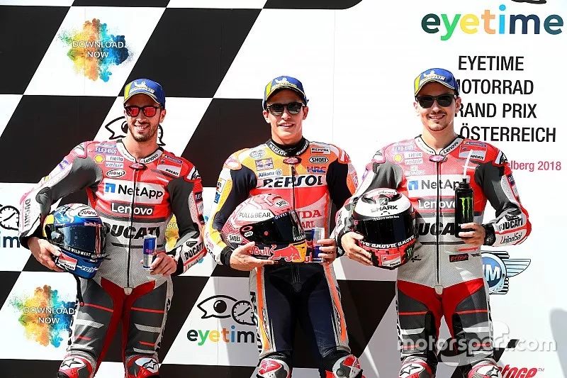 Pole sitter Marc Marquez, Repsol Honda Team, second place Andrea Dovizioso, Ducati Team, third place Jorge Lorenzo, Ducati Team 