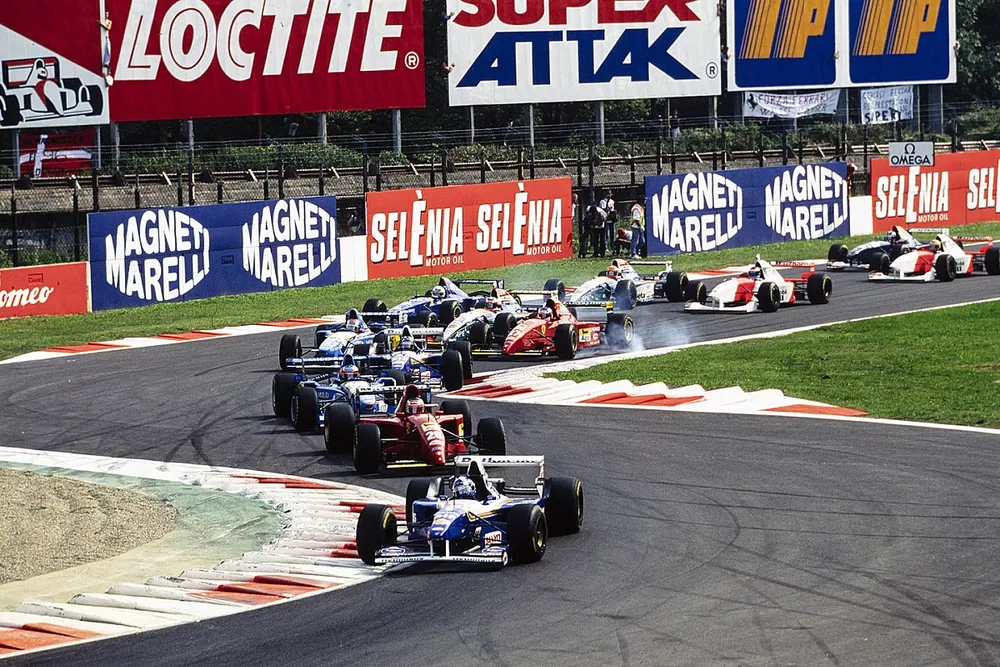 David Coulthard, Williams FW17 Renault, Gerhard Berger, Ferrari 412T2, Michael Schumacher, Benetton B195 Renault, Damon Hill, Williams FW17 Renault, Johnny Herbert, Benetton B195 Renault, Jean Alesi, Ferrari 412T2, Rubens Barrichello, Jordan 195 Peugeot, Martin Brundle, Ligier JS41 Mugen-Honda, Eddie Irvine, Jordan 195 Peugeot, Mark Blundell, McLaren MP4-10B Mercedes, Mika H&auml;kkinen, McLaren MP4-10B Mercedes, and Heinz-Harald Frentzen, Sauber C14 Ford
