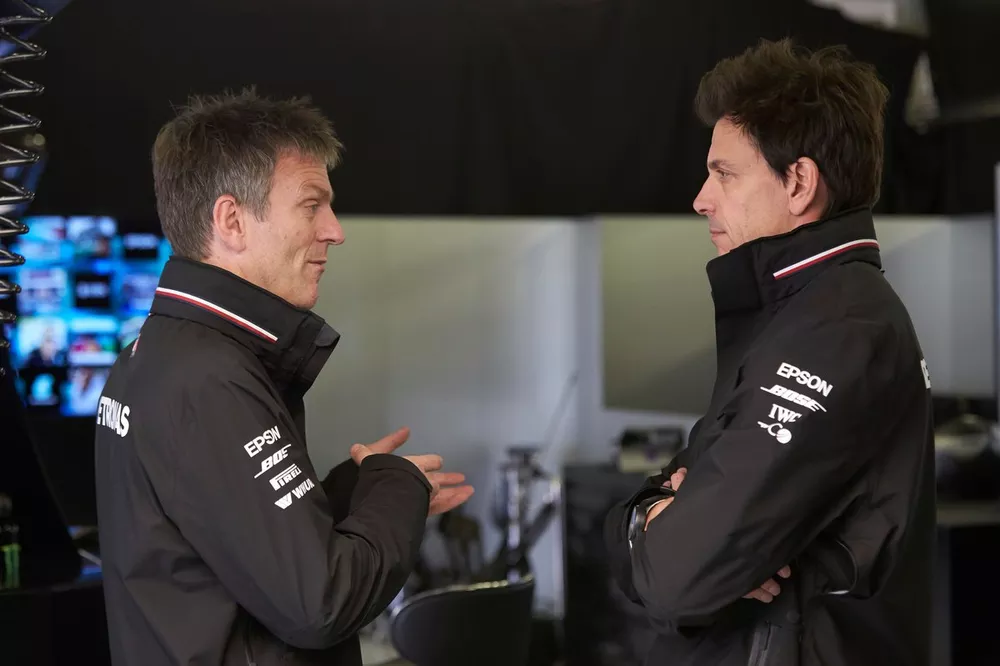 James Allison, Technical Director, Mercedes AMG, and Toto Wolff, Executive Director (Business), Mercedes AMG