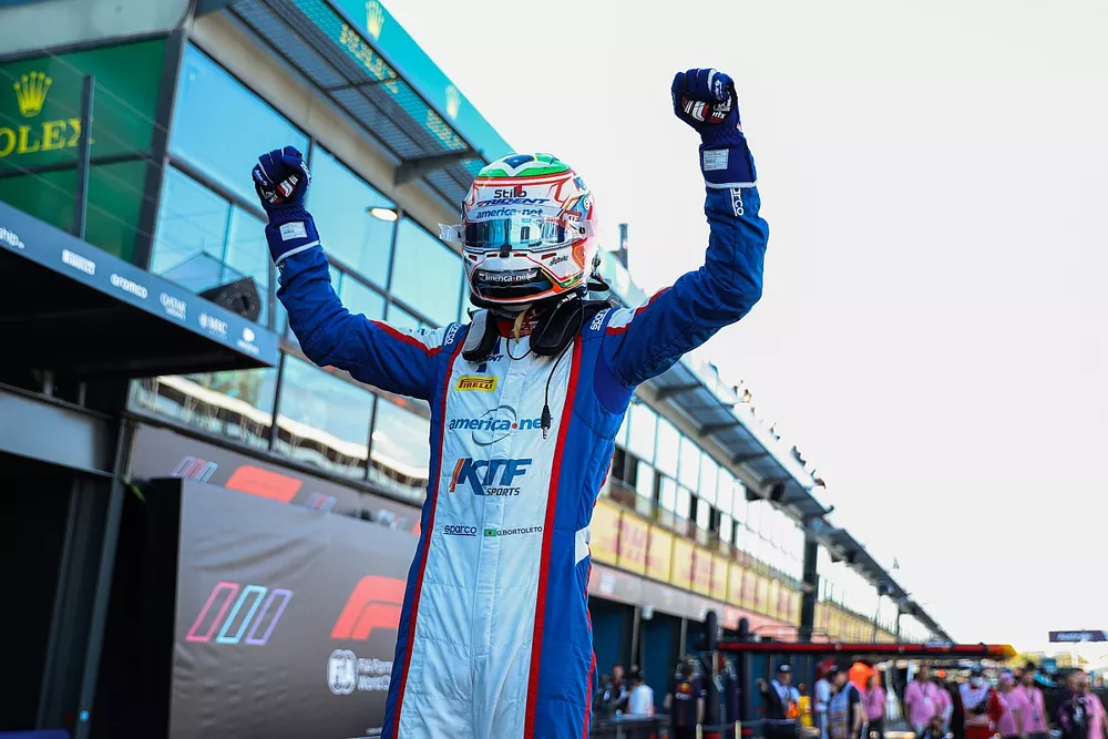 Gabriel Bortoleto, Trident celebrates in Parc Ferme 