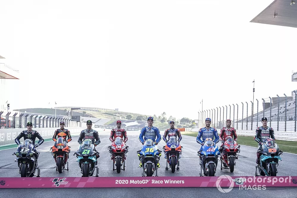 Nine winners of 2020: Maverick Vinales, Yamaha Factory Racing, Brad Binder, Red Bull KTM Factory Racing, Franco Morbidelli, Petronas Yamaha SRT, Andrea Dovizioso, Ducati Team, Joan Mir, Team Suzuki MotoGP, Miguel Oliveira, Red Bull KTM Tech 3, Alex Rins, Team Suzuki MotoGP, Danilo Petrucci, Ducati Team, Fabio Quartararo, Petronas Yamaha SRT
