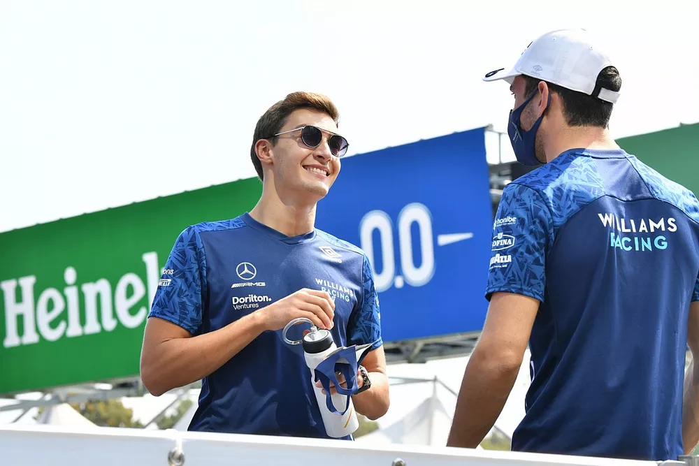 George Russell, Williams, and Nicholas Latifi, Williams, in the drivers parade