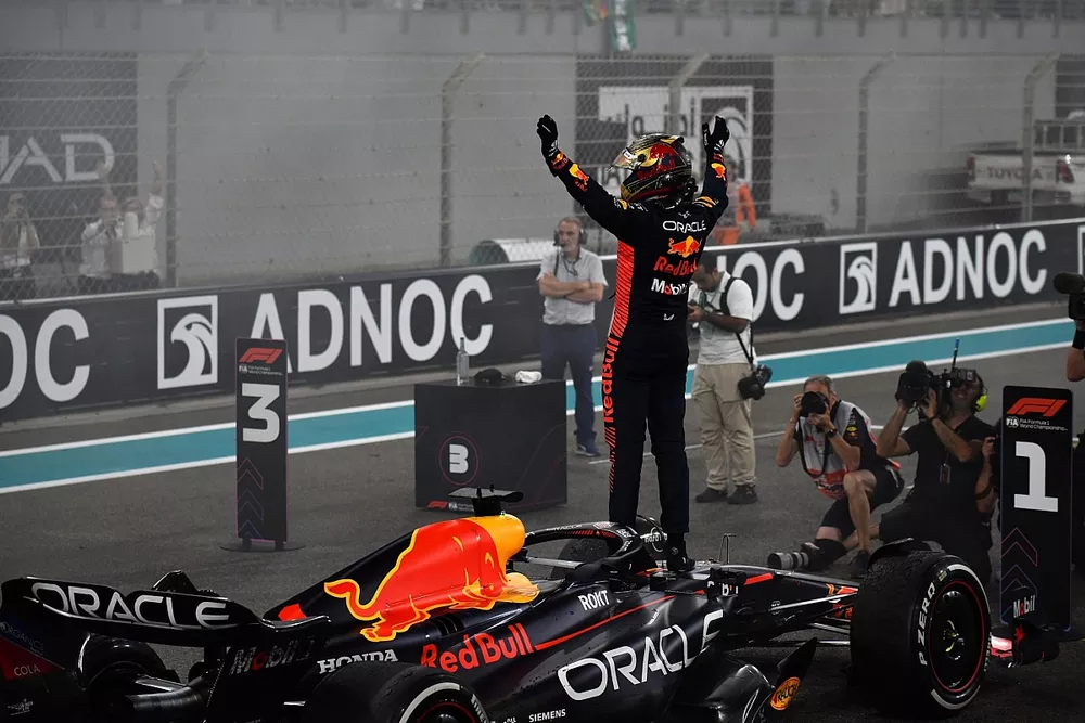 Max Verstappen, Red Bull Racing, 1st position, celebrates on the grid at the end of the race