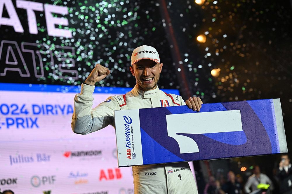 Jake Dennis, Andretti Global, 1st position, celebrates at the podium ceremony
