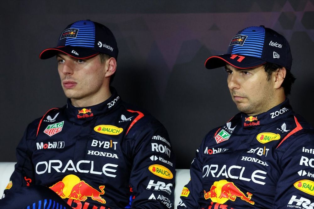 Pole man Max Verstappen, Red Bull Racing, Sergio Perez, Red Bull Racing, in the post Qualifying Press Conference