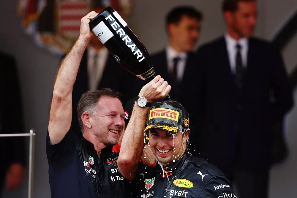 Podium: Sergio Perez, Red Bull Racing, Christian Horner, Team Principal, Red Bull Racing 