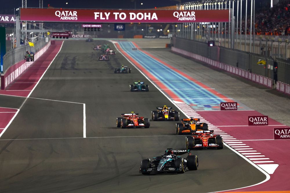 George Russell, Mercedes F1 W15, leads Charles Leclerc, Ferrari SF-24, Oscar Piastri, McLaren MCL38, Carlos Sainz, Ferrari SF-24, and Sergio Perez, Red Bull Racing RB20