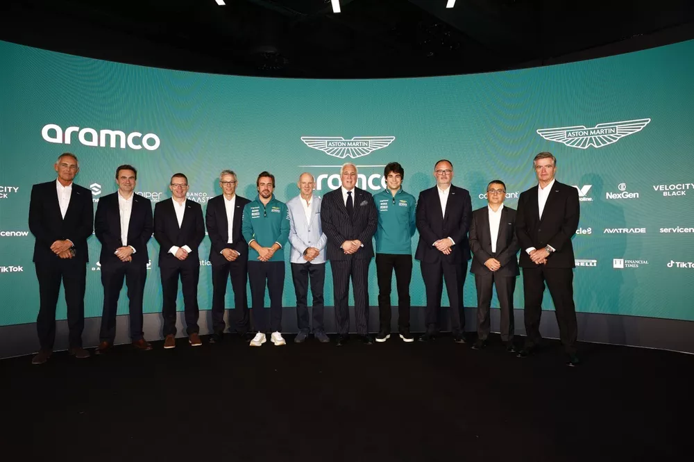 Martin Whitmarsh, Group CEO, Aston Martin Performance Technologies, Dan Fallows, Technical Director, Aston Martin F1 Team, Andy Cowell, Group CEO, Aston Martin F1 Team, Mike Krack, Team Principal, Aston Martin F1 Team, Fernando Alonso, Aston Martin F1 Team, Adrian Newey, Lawrence Stroll, Owner, Aston Martin F1 Team, Lance Stroll, Aston Martin F1 Team, Tom McCullough, Performance Director, Aston Martin F1 Team, and Andy Stevenson, Sporting Director, Aston Martin F1 Team