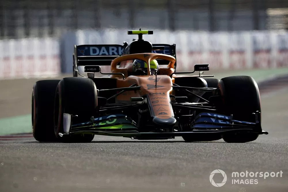 Lando Norris, McLaren MCL35, with flow-viz paint applied