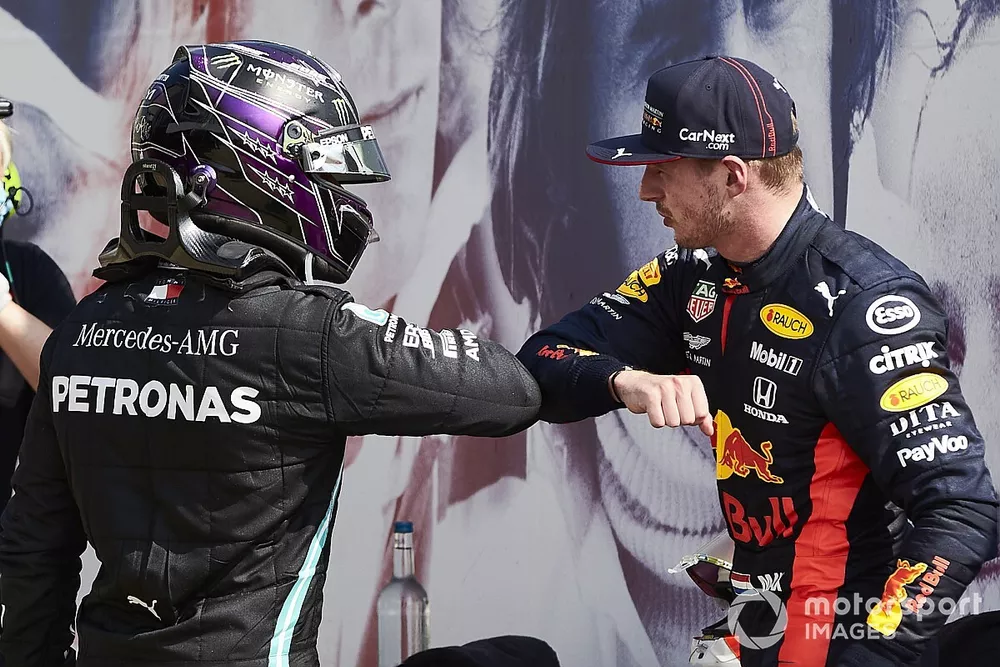 Lewis Hamilton, Mercedes-AMG Petronas F1 congratulates Race Winner Max Verstappen, Red Bull Racing in Parc Ferme 