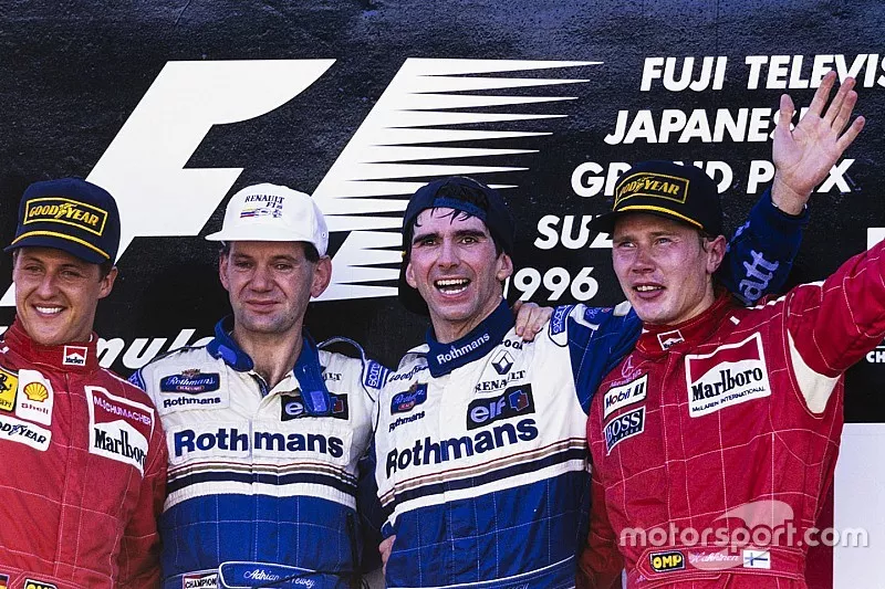 Winnaar Damon Hill, Williams, Adrian Newey, Williams, tweede plaats Michael Schumacher, Ferrari, der