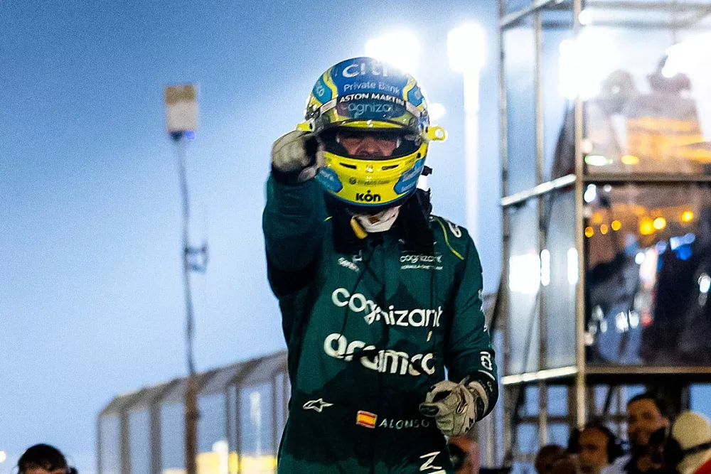 Fernando Alonso, Aston Martin F1 Team, 3rd position, celebrates in Parc Ferme