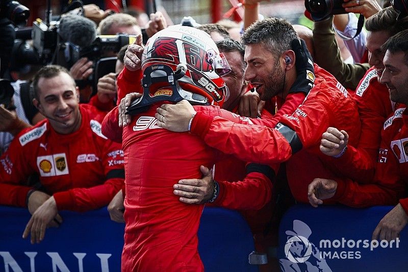 Charles Leclerc, Ferrari, celebrates victory in parc ferme 