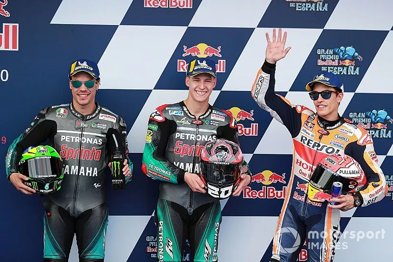 Ganador de la pole Fabio Quartararo, Petronas Yamaha SRT, segundo Morbidelli, Petronas Yamaha SRT , tercero Marc M&aacute;rquez, Repsol Honda Team