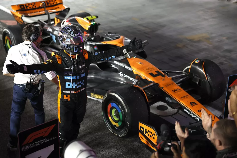 Lando Norris, McLaren, 2nd position, celebrates on arrival in Parc Ferme