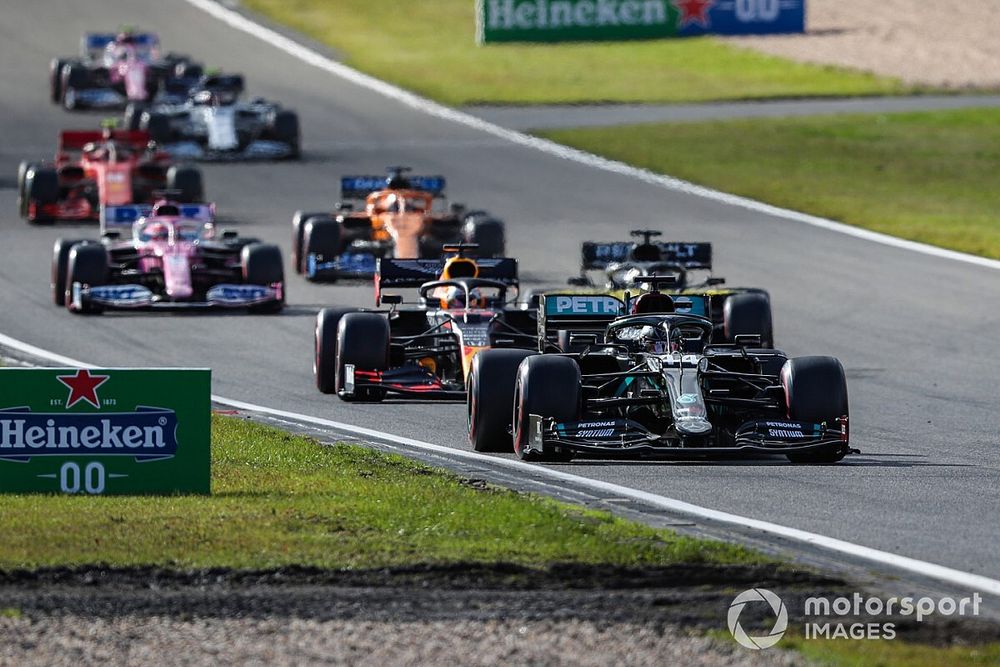 Lewis Hamilton, Mercedes F1 W11, Max Verstappen, Red Bull Racing RB16, Daniel Ricciardo, Renault F1 Team R.S.20, Sergio Perez, Racing Point RP20, and Carlos Sainz Jr., McLaren MCL35