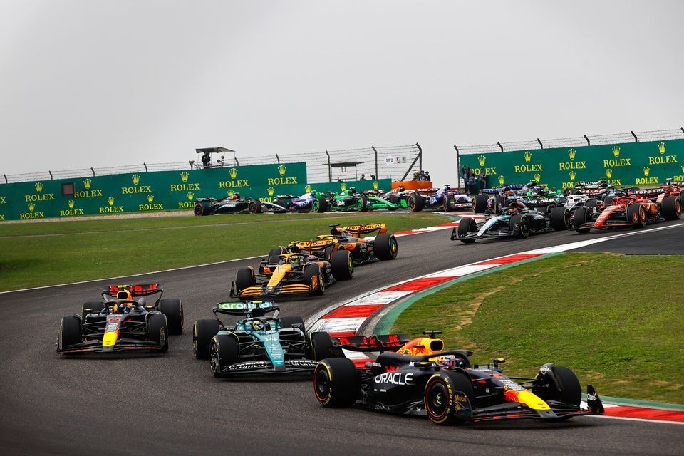 Max Verstappen, Red Bull Racing RB20 Fernando Alonso, Aston Martin AMR24 and Sergio Perez, Red Bull Racing RB20