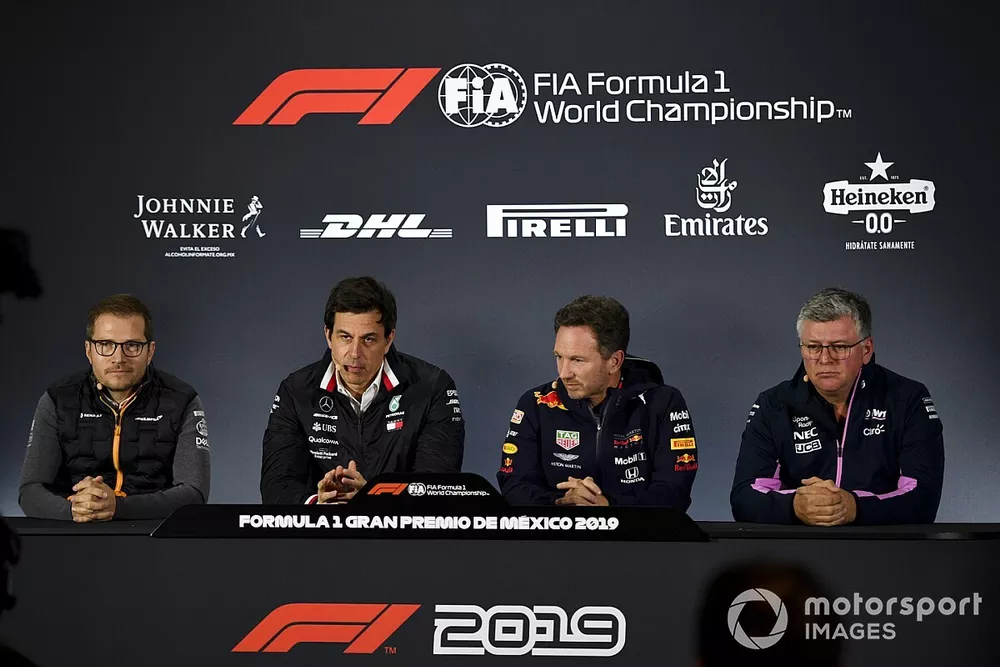 Andreas Seidl, Team Principal, McLaren, Toto Wolff, Executive Director (Business), Mercedes AMG, Christian Horner, Team Principal, Red Bull Racing and Otmar Szafnauer, Team Principal and CEO, Racing Point in the Press Conference 