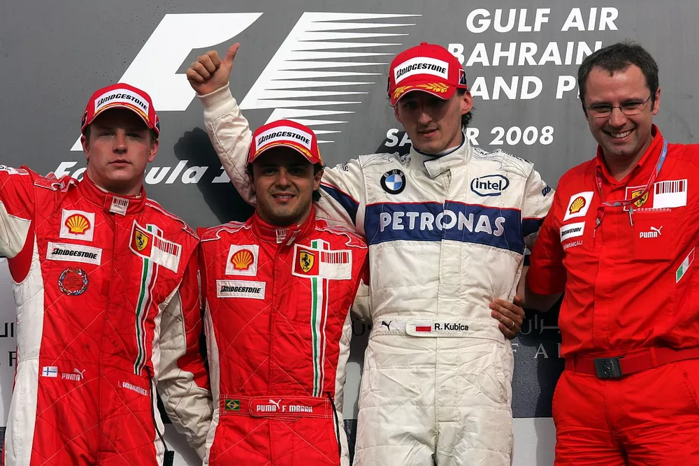Podium: second place Kimi Raikkonen, Ferrari, Race winner Felipe Massa, Ferrari, third place Robert Kubica, BMW Sauber F1 and Stefano Domenicali, Ferrari Manager of F1 Operations