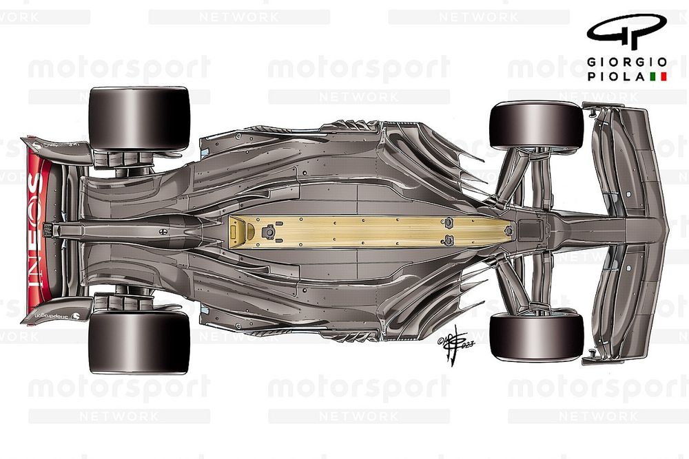 Vista del piso del Mercedes W14  