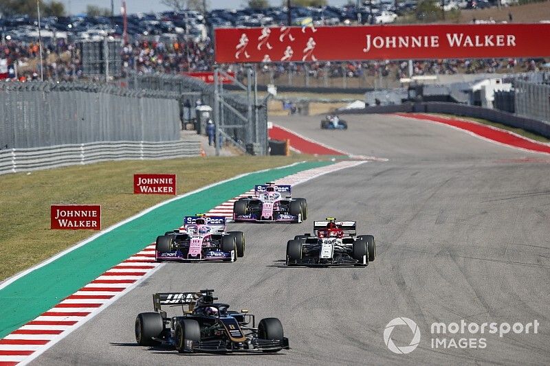 Romain Grosjean, Haas VF-19, Antonio Giovinazzi, Alfa Romeo Racing C38, Lance Stroll, Racing Point RP19, y Sergio Perez, Racing Point RP19