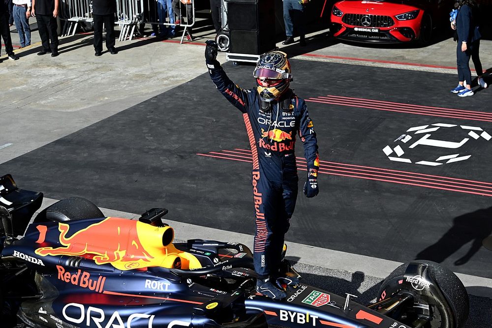 Max Verstappen, Red Bull Racing, 1st position, celebrates on arrival in Parc Ferme