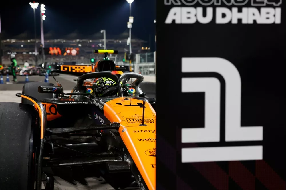 Pole man Lando Norris, McLaren MCL38, arrives in Parc Ferme