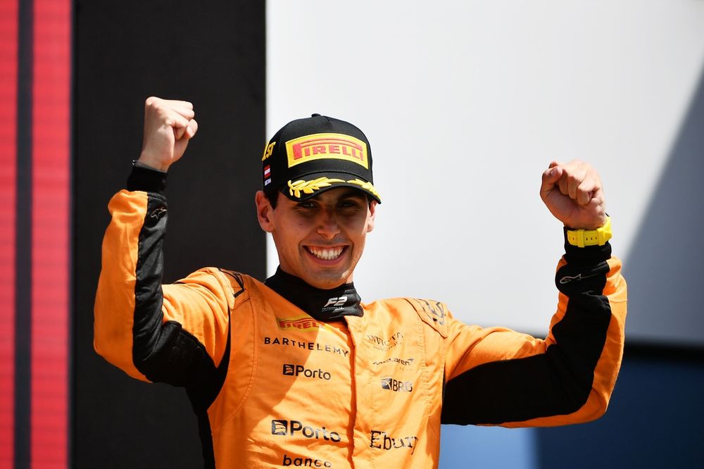 Race winner Gabriel Bortoleto of Brazil and Invicta Racing (10) celebrates on the podium