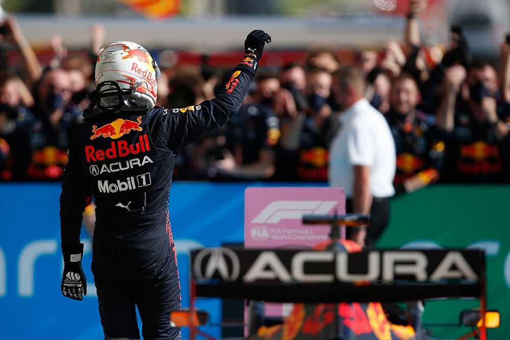 Max Verstappen, Red Bull Racing, 1st position, celebrates on arrival in Parc Ferme