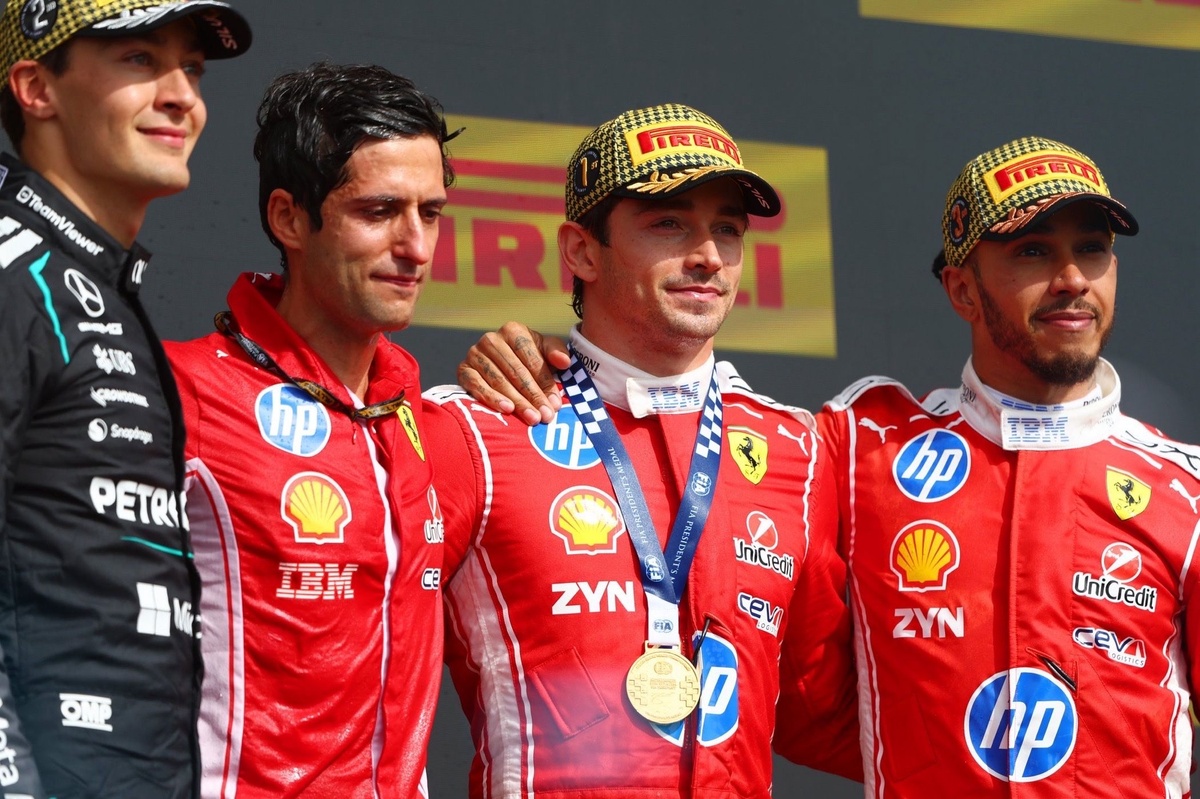 Charles Leclerc, Lewis Hamilton and George Russell after the British Grand Prix