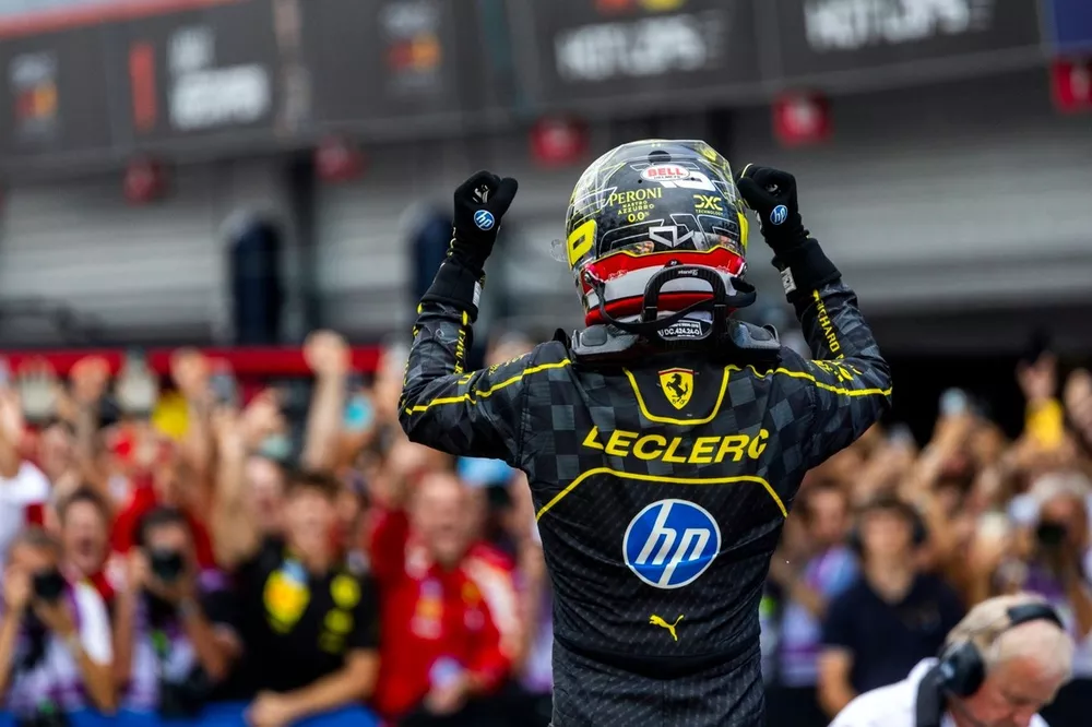 Charles Leclerc, Scuderia Ferrari, 1st position, celebrates on arrival in Parc Ferme