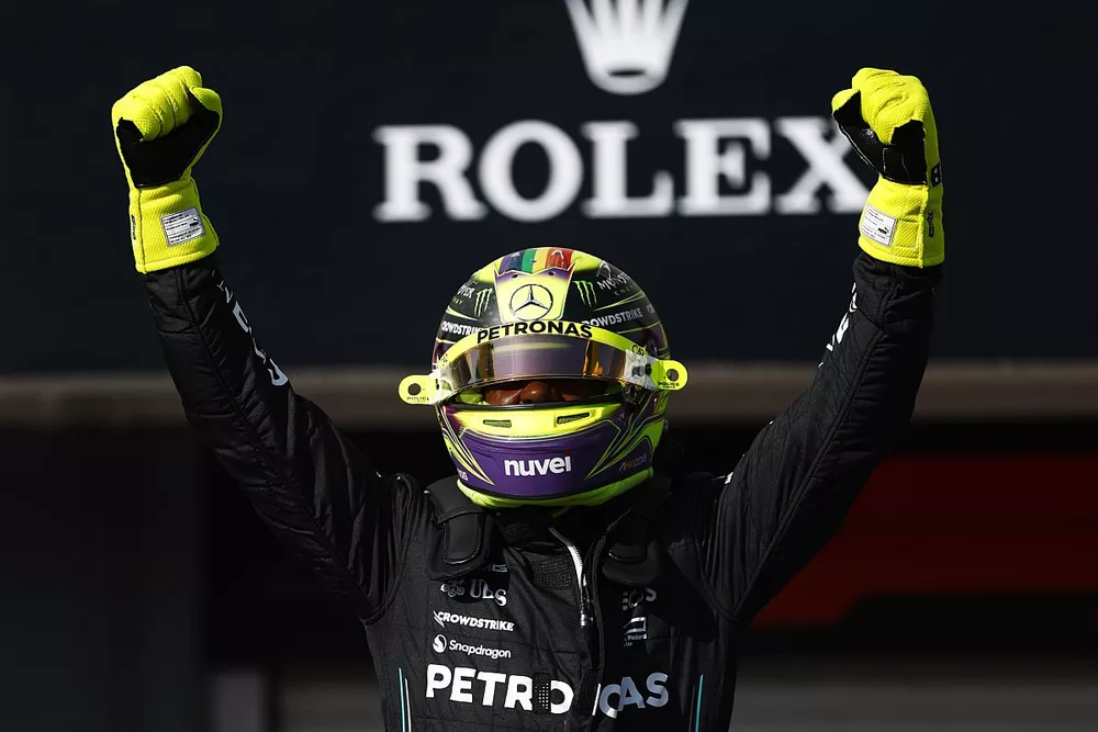 Pole man Lewis Hamilton, Mercedes-AMG, celebrates on aarival in Parc Ferme