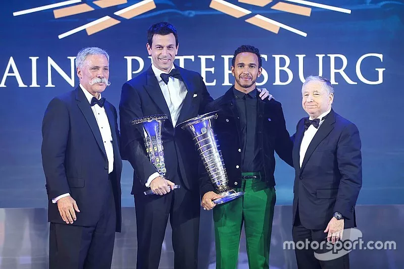 Chase Carey, Chief Executive Officer ed Executive Chairman del Formula One Group, Toto Wolff, Direttore Esecutivo (Business), Mercedes AMG, Lewis Hamilton, Mercedes-AMG F1, Jean Todt, Presidente FIA