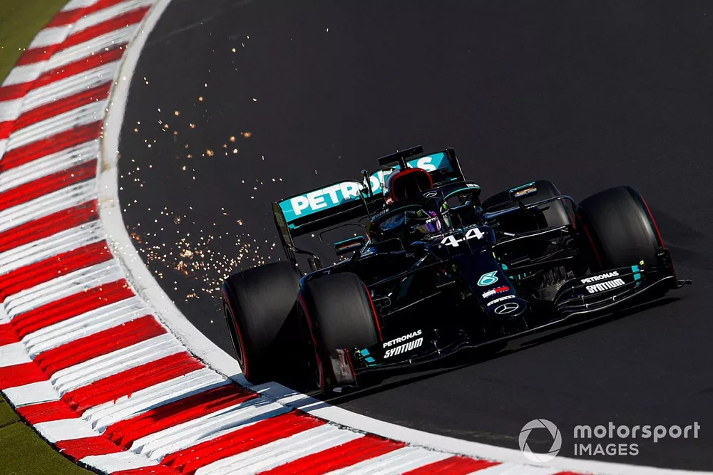 Lewis Hamilton, Mercedes F1 W11, kicks up some sparks