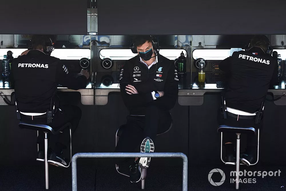 Toto Wolff, Executive Director (Business), Mercedes AMG, on the pit wall