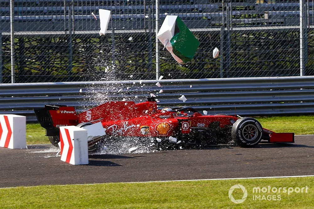 Sebastian Vettel, Ferrari SF1000, collides with barriers