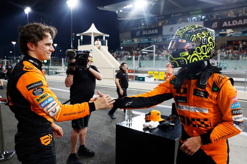 Oscar Piastri, McLaren F1 Team, pole man Lando Norris, McLaren F1 Team, congratulate each other in Parc Ferme