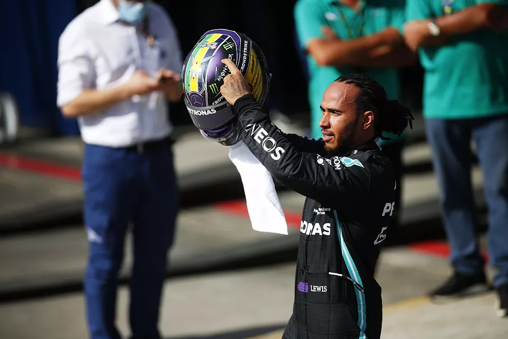 Lewis Hamilton, Mercedes, 1st position, celebrates on arrival in Parc Ferme