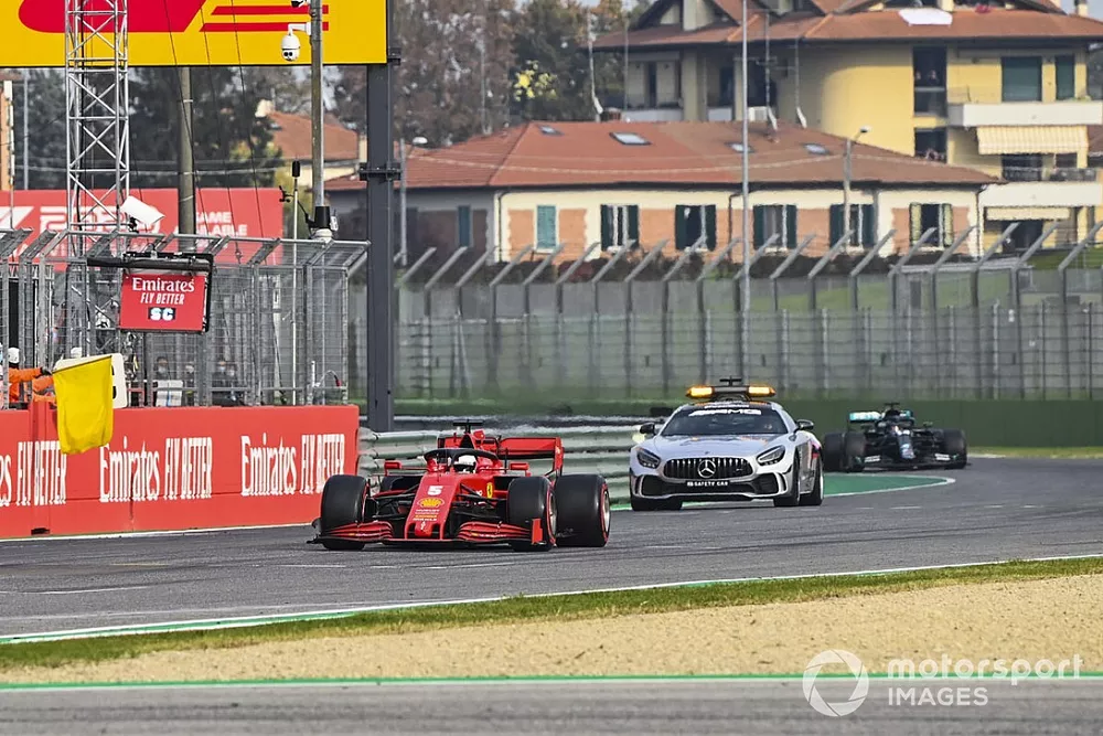 Sebastian Vettel, Ferrari SF1000, the Safety Car, ahead of Lewis Hamilton, Mercedes F1 W11