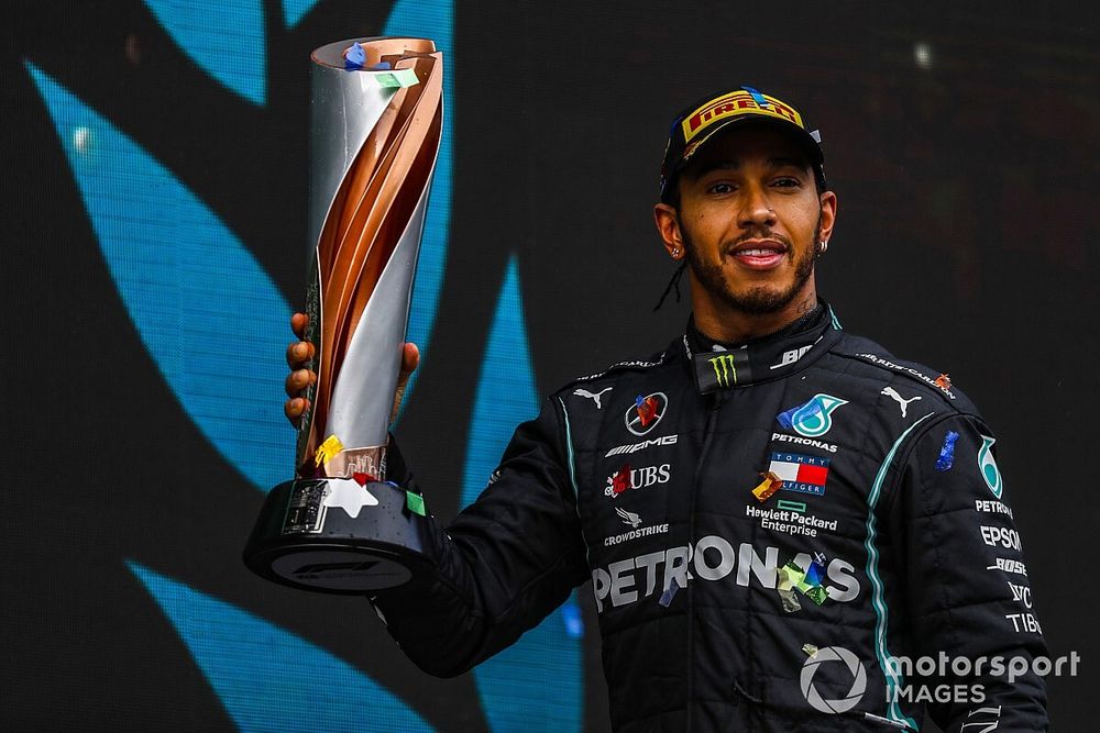 Lewis Hamilton, Mercedes-AMG F1, 1st position, with his trophy