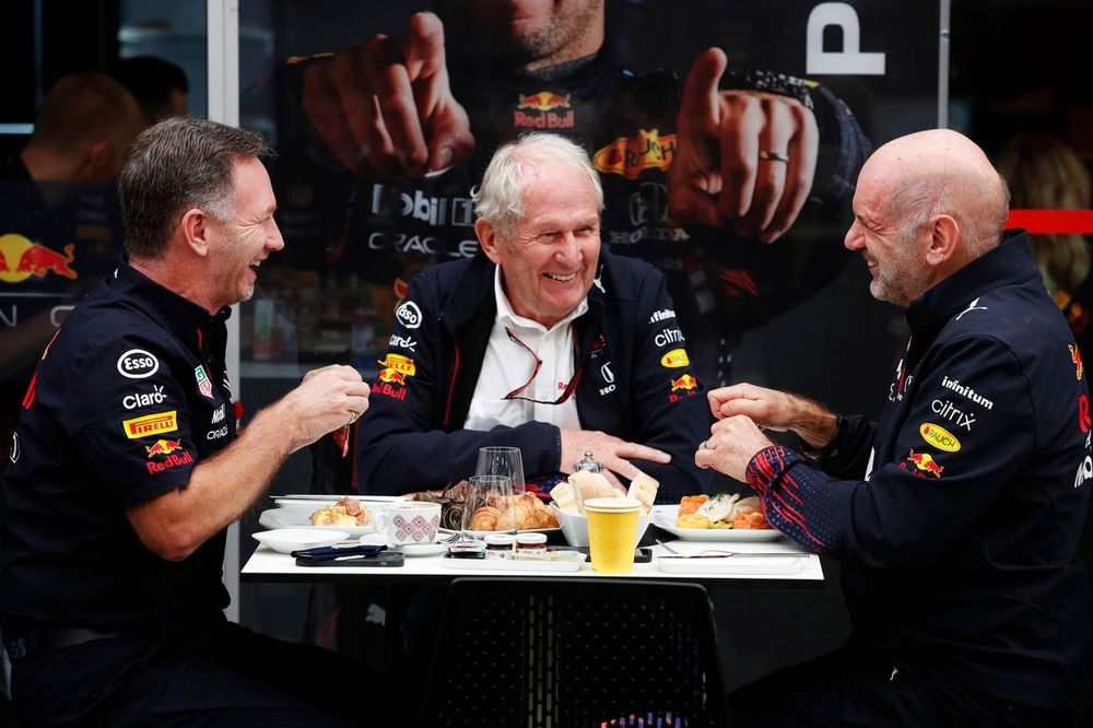 Christian Horner, Team Principal, Red Bull Racing, Helmut Marko, Consultant, Red Bull Racing, and Adrian Newey, Chief Technical Officer, Red Bull Racing 