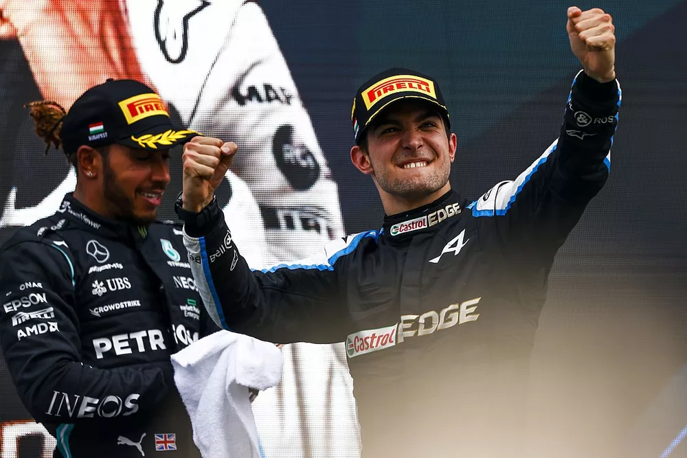 Esteban Ocon, Alpine F1, 1st position, celebrates on the podium